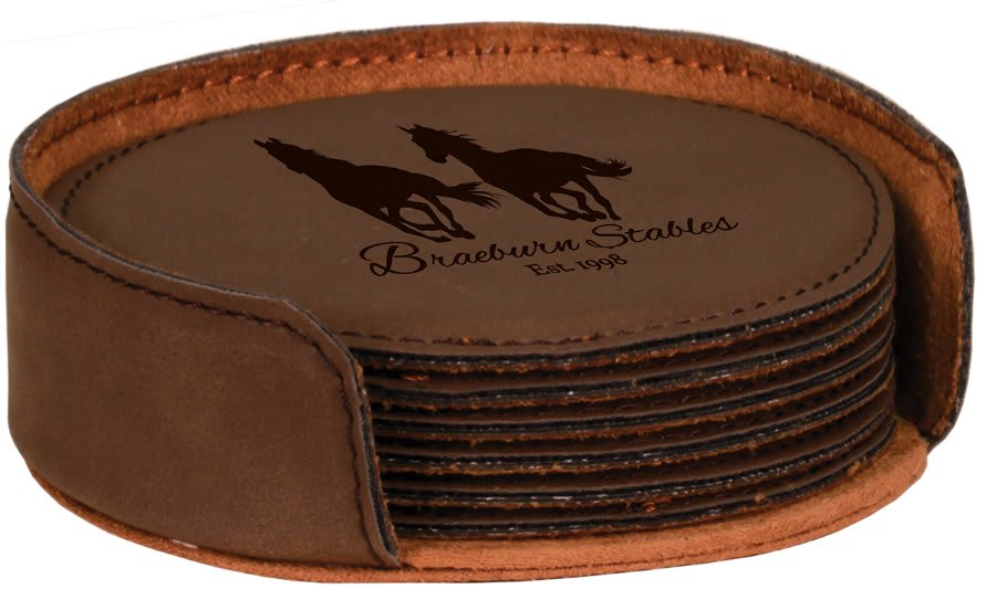 4" Dark Brown Round Laserable Leatherette 6-Coaster Set