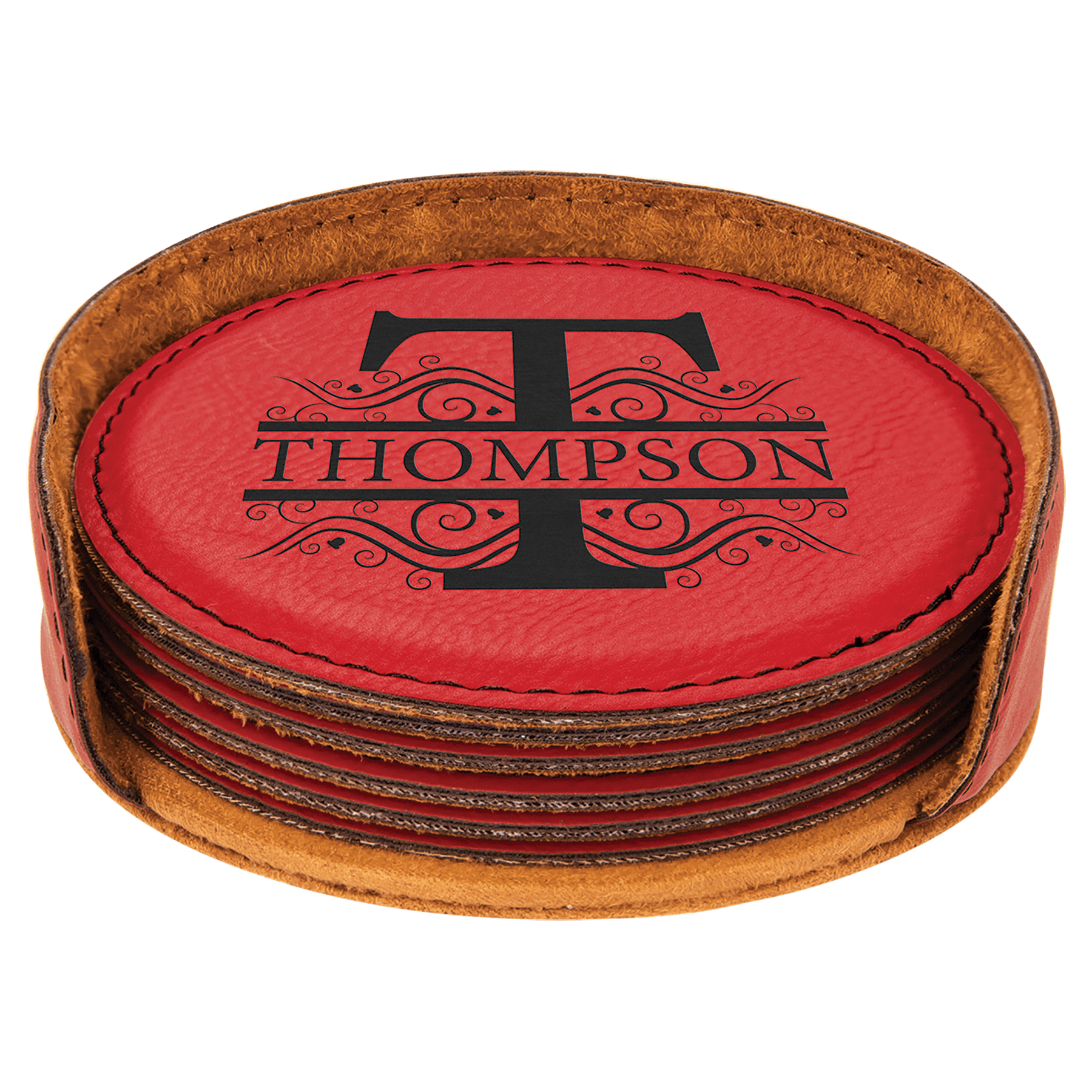 4" Dark Brown Round Laserable Leatherette 6-Coaster Set